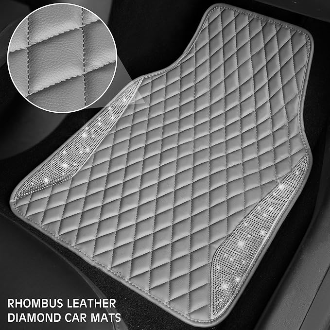 CAR PASS Bling Diamond Car Mats Gray Leather Floor Mats Sparkly Glitter Crystal Shining Rhinestone Carpet Anti-Slip Waterproof Pad Universal Fit for Automotive SUV Sedan Van 5pcs for Girl Women Gray