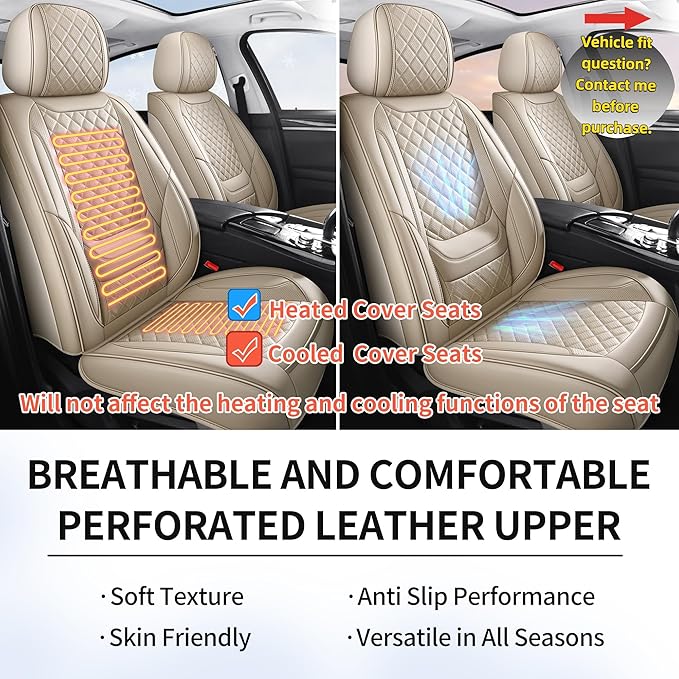 Chezope Leather Seat Covers, Beige Car Seat Covers Front Pair, Breathable Car Seat Protectors, Wear-Resistant Car Accessories, Universal Fit for Most Cars,SUVs Truck (Beige-Diamonds, Front Pair)