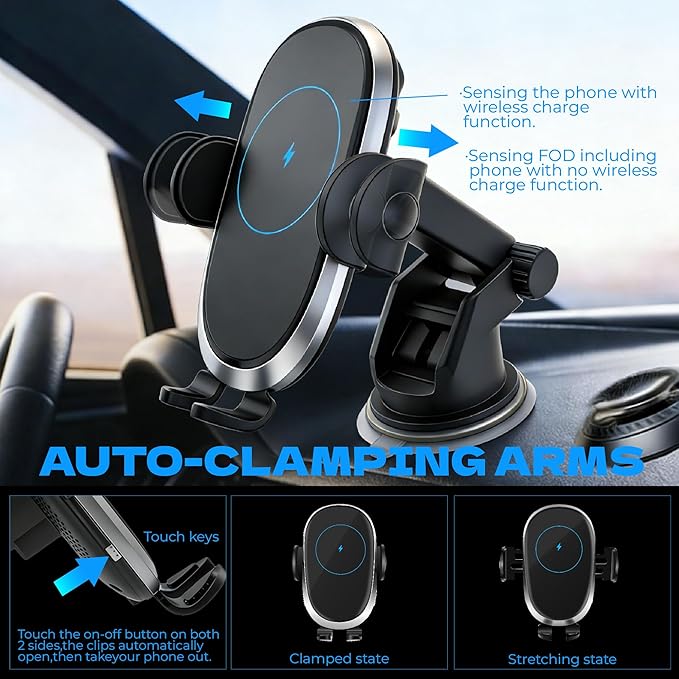 Wireless Car Charger Phone Holder Mount 15W Fast Charging, Auto Clamping with Smart Sensor, Dashboard & Windshield Car Phone Holder for iPhone for Google Samsung Android