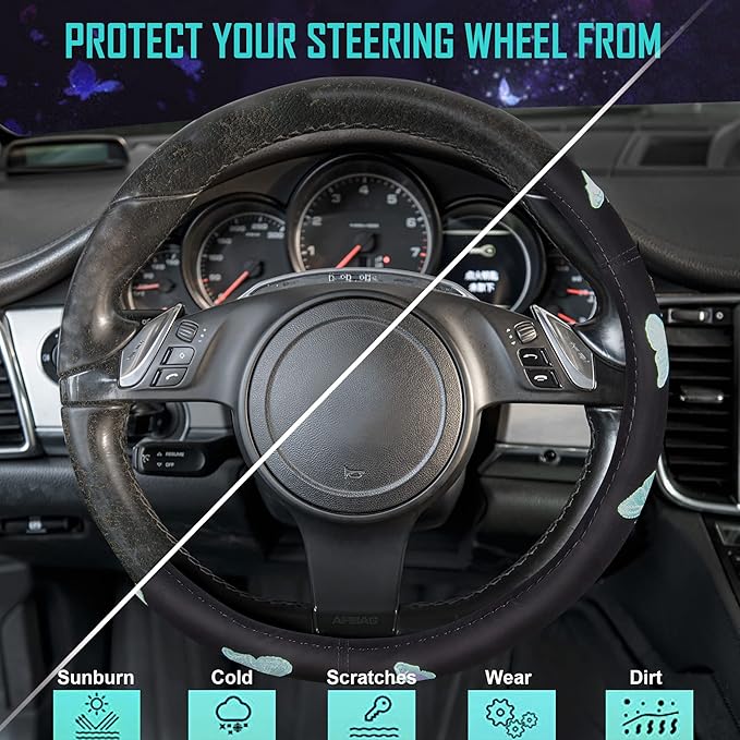 Car Pass Mint Embroidery Butterfly Steering Wheel Cover, Universal 15 Inch Car Wheel Cover for Women Girls, Fit for Suvs,Small Trucks,Sedans,Cars (Black and Mint)