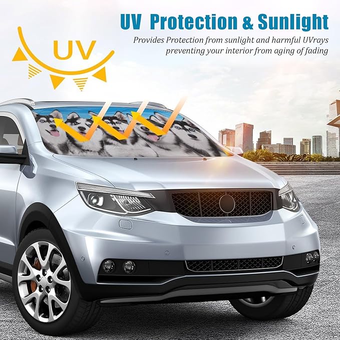Husky Dog Car Windshield Sun Shade Foldable Sunshade Front Window Cover Sun Visor Protector Accessories (59x27.5 inches)
