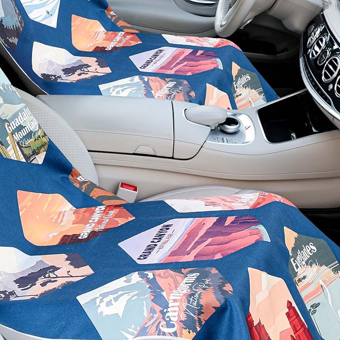 2 Pack Car Seat Towel Covers with Storage Bag 63 x 32 Inch Athletic Running Towel Seat Sweat Washable Non Slip Cover Gift for Car Outdoor Sport Activities (Multi National Parks 1)