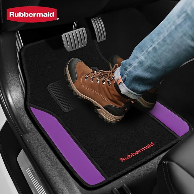 Rubbermaid Car Mats, Carpeted Floor Car Mat with Faux Leather & Built-in Heel Pad, Two-Tone Car Rug Floor Mats, Stylish Carpeted Floor Mats for Cars, Trucks & SUVs Purple Color