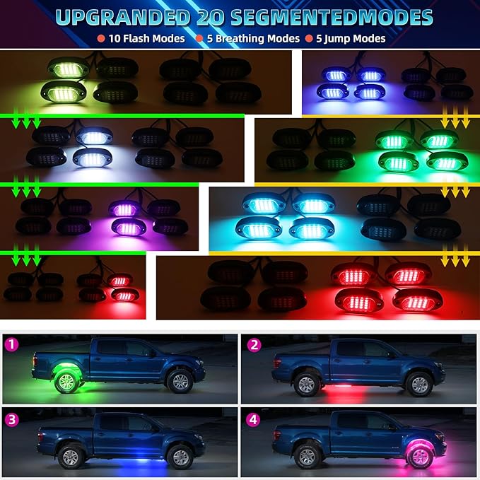 8 Pods Segmented RGB LED Rock Lights for Trucks Golf Cart Offroad Pickup SUV UTV, 12V Waterproof Underglow Lights Kit with APP/RF Multi Zone Control, Neon Multicolor Underbody Light with Brake
