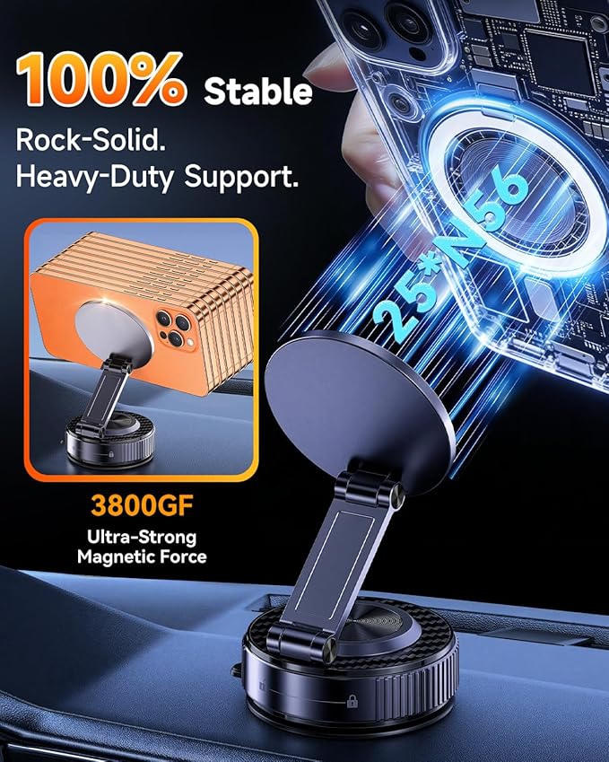 Vacuum Magnetic Car Phone Holder 360° Strongest 120LBS Ultra Suction Cup Phone Mount for MagSafe Dashboard Cell Phone Holders for Your Car/Gym/Mirror Bracket for iPhone 17 & Android, Metal Stand Rotor