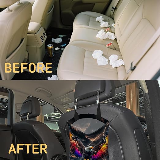 Colorful Bald Eagle Car Trash Bag,Lightning Sky Strap Drawstring Car Garbage Bags,Car Back Seat Organizer with Adjustable Buckle for Car Accessories