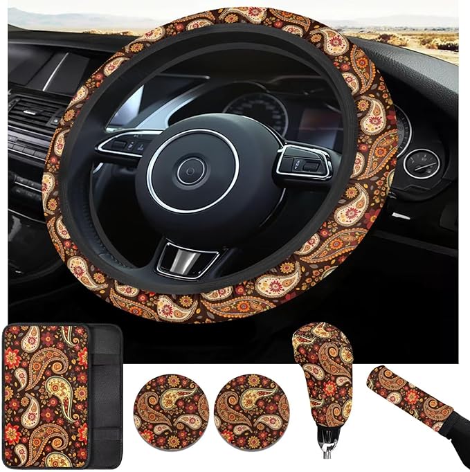 Bandanna Print 6pcs Car Steering Wheel Cover Set for Men Women Car Accessories Handbrake Cover Cup Coaster Auto Interiors Decor for Men Women 6pcs
