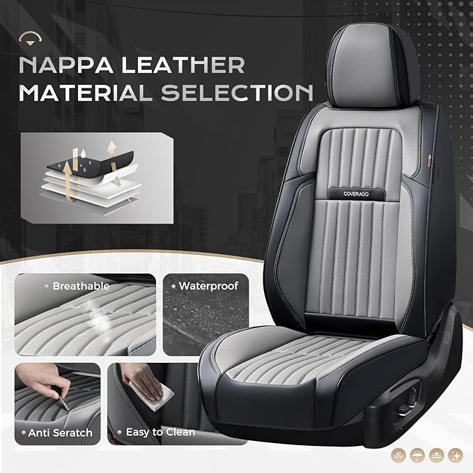 Coverado Car Seat Covers Full Set, Seat Covers for Cars, Car Seat Cover, Car Seat Protector, Leather Car Seat Cushion, Waterproof Car Seat Covers Front Seats and Back Fit for Most Cars(Black&Gray)