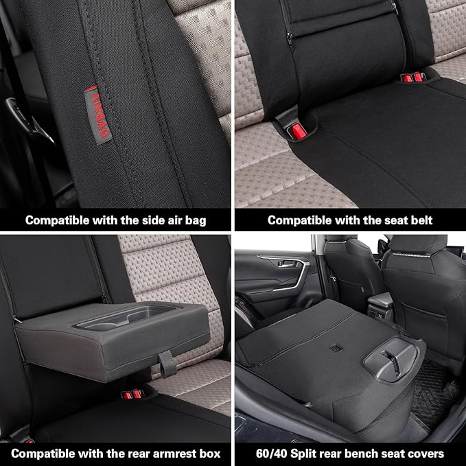 coverdream Rav4 Hybrid Seat Covers Custom Fit for 2019-2025 Toyota Rav4 Hybrid (Not for XSE/SE/Plug-in Hybrid),Full Coverage,Airbag Compatible,Polyester Car Seat Protector(Full Set,Black & Beige)
