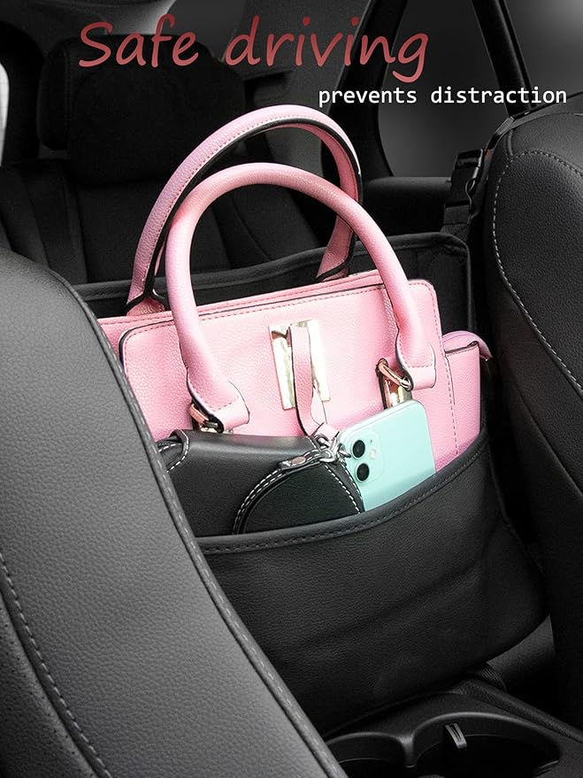 Car Pocket Handbag Holder - Leather Seat Back Organizer Barrier for Backseat Pet & Kids (Black with Tissue Box)