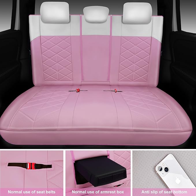 CAR PASS Nappa Leather Seat Covers for Car, Waterproof Seat Covers Full Set, Luxury 3D Rhombus Lined Sponge Airbag Compatible Universal Fit for Automotive SUV Truck Pickup Sedan, Pink White