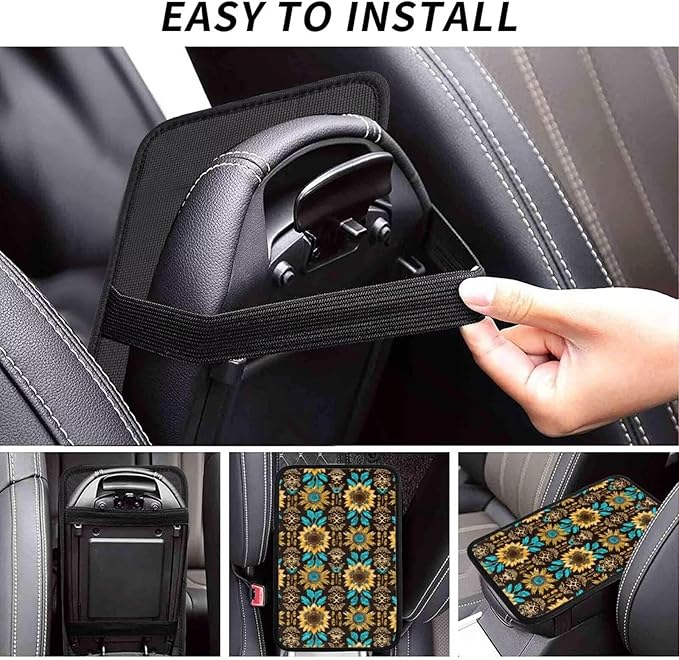 Car Center Console Cushion Pad Vintage Sunflower Yellow Universal Armrest Seat Box Cover Protector Aztec Floral Leopard Car Decor Accessories Fit for Vehicle, SUV, Truck, Sedans