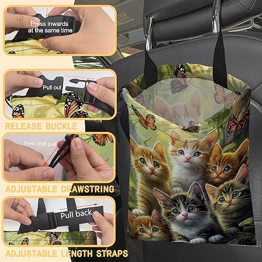 Cute Cats with Butterfly Car Trash Bag, Hanging Drawstring Car Garbage Bag,Canvas Car Back Seat Organizer with Adjustable Buckle for Men and Women