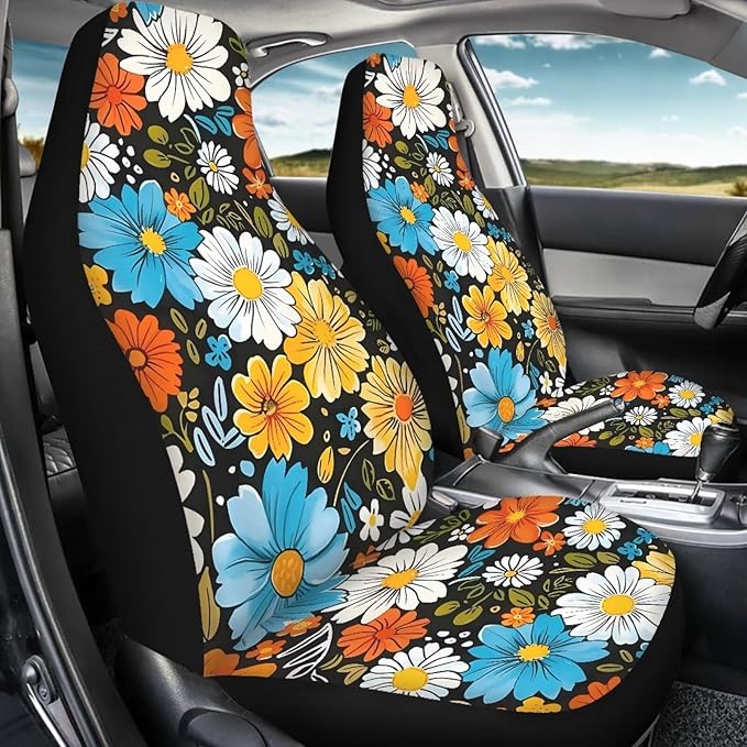 BIGCARJOB Hippie Daisy Car Seat Cover Set for Front Seat Only,2 Pack Blossom Flower Printed Auto Front Seat Protector Saddle Blanket for Women Girly Car Interior Accessories