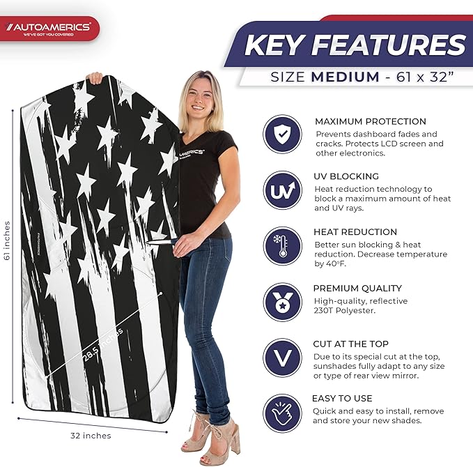 Autoamerics 1-Piece Windshield Sun Shade B&W Art American Flag USA Design - Foldable Car Front Window Sunshade for Most Sedans SUV Truck - Blocks Max UV Rays and Keeps Your Vehicle Cool - Medium