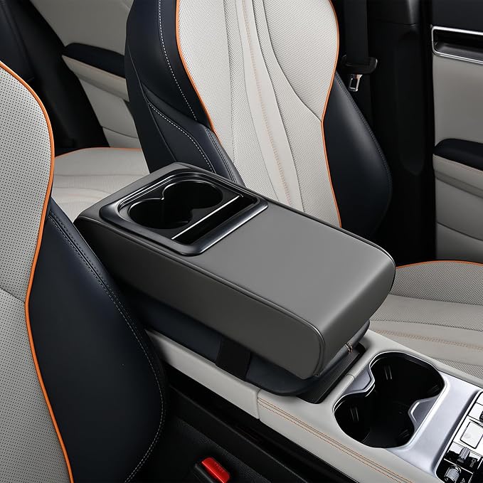 Center Console Cover Car Armrest Box Pad Leather Arm Rest Cushion with Cup Holder Mobile Phone Storage Armrest Protection Pad for Car (Pure Grey, 13.58 * 8.07 * 2.95 inch)