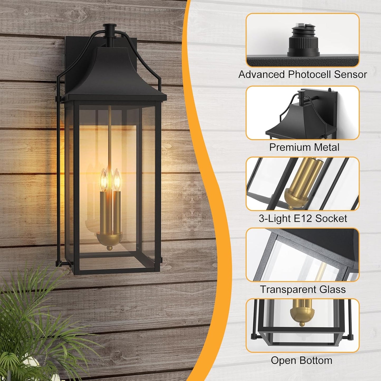𝟮𝟱-𝗜𝗡𝗖𝗛 Outdoor Wall Lights Fixtures, Large Size Dusk to Dawn Waterproof Exterior Lanterns, Modern Porch Sconce Wall Mounted with Glass, Black Outside Lights for House Patio Front Door