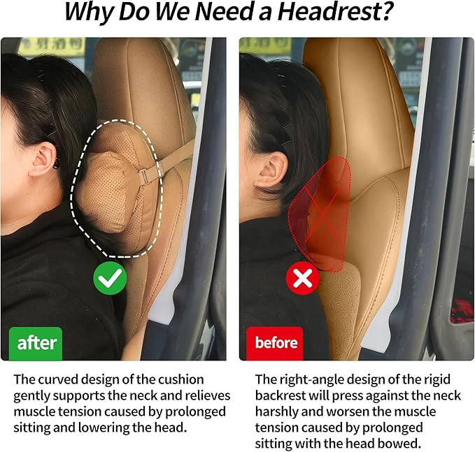 Car Neck Pillow, Soft Breathable Leather Car Neck Pillow Comfortable Head Neck Rest Support Cervical Pillow with Adjustable Strap, Universal Fit Cars SUVs Sedan Home Office (Light Brown)