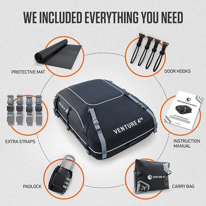 VENTURE 4TH Car Rooftop Cargo Carrier – 21 Cubic Feet Soft-Shell Waterproof Roof Bag with 10 Heavy-Duty Compression & Tie-Down Straps, Anti-Slip Mat & Door Hooks – Fits Cars with or Without Roof Rack