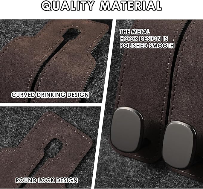 KINIVA Car Seat Headrest Storage Hooks, Set of 2, Suede PU Leather, Double Hooks (Brown)