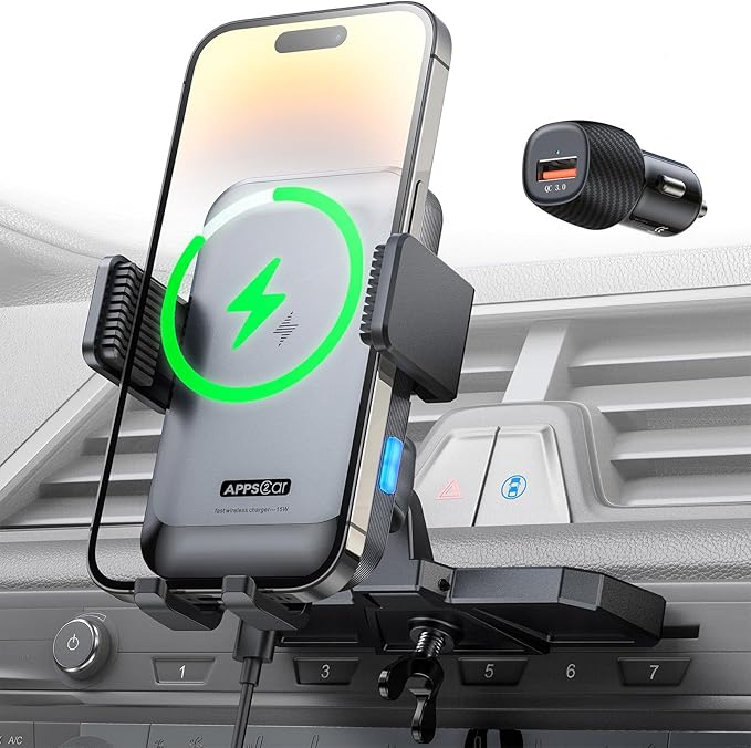 APPS2Car Wireless Car Charger Mount CD Slot Auto Clamping 15W Fast Charging CD Phone Holder for Car Wireless Charger Fit for iPhone 17 16 15 14 13 12 Pro Max, Samsung S25 S24, Google, LG etc.