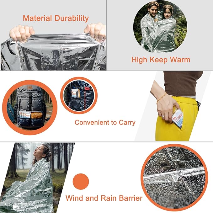 4 Pack -Large 82” x 62” Survival Emergency Mylar Thermal Blankets, Thermal Survival Blanket Perfect for Camping, Hiking, Body Insulation, Outdoors, Car Survival Kit, Bug Out Bag