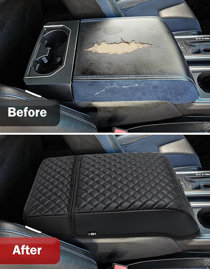 KBH Center Console Armrest Cover for Ford F250 F350 F450 F550 2017-2022, F150 2015-2020, Expedition 2018-2024, Bucket Seat, PU Leather Cushion Pad, Black (Armrest & Cup Holder Cover Set)