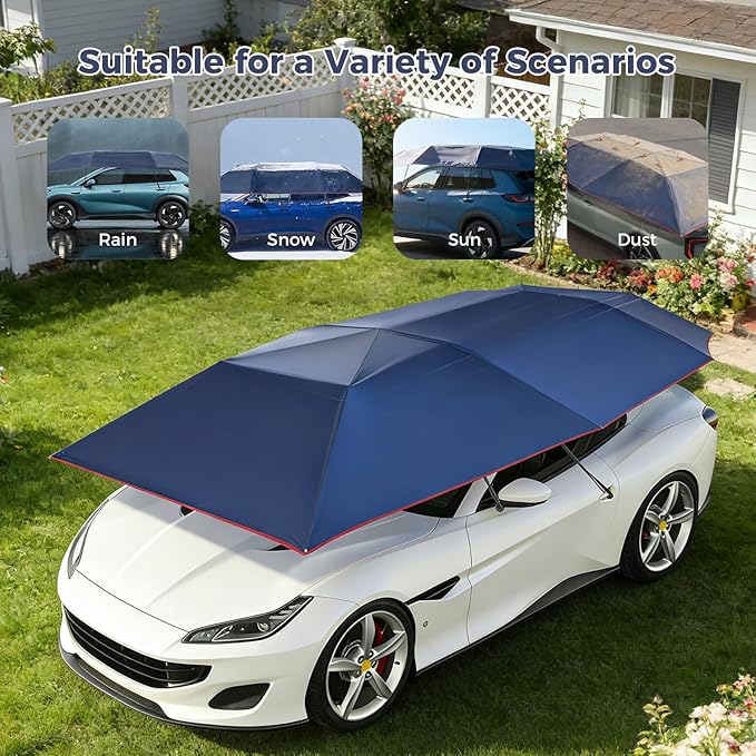 Semi-Automatic Car Tent, 3.78×7.2FT Portable Cars Umbrella Vehicles Tent Blocking UV Rays Car Roof Cover Cars Awning with Carrying Bag Sun Shades for Vehicles Roof Protection (Navy Blue)