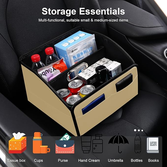 Car Storage Organizer [2025 UPDATED] Leather Car Caddy Basket for Front Seat Floor Back Seats Metal Handle 6 Compartments Adjustable Strap Buckles Slip-Resistant (Beige)