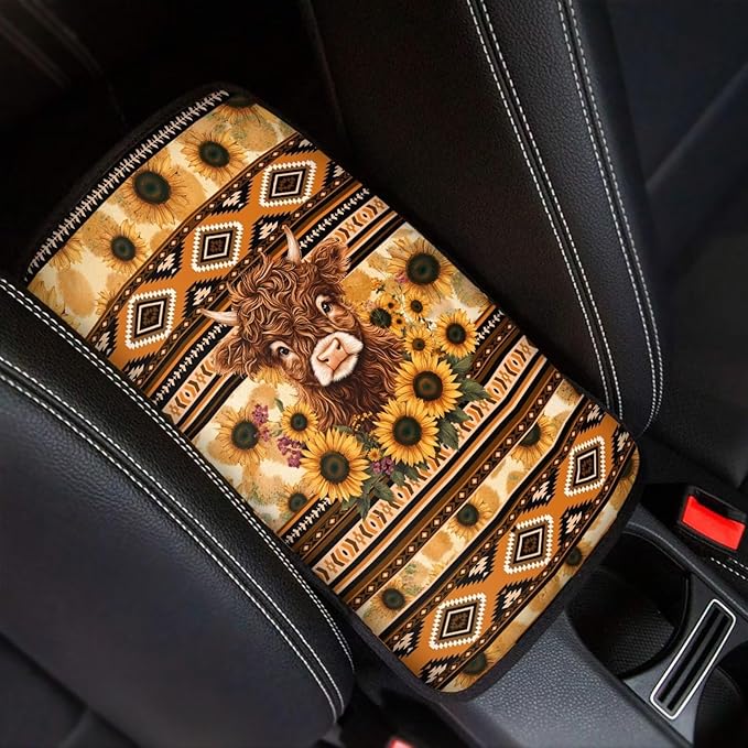 UNICEU Aztec Highland Cow Sunflower Print Car Accessories Soft Comfy Armrest Cover Pad Car Center Console Armrest Protector Covers Universal Fit Trucks SUV Van