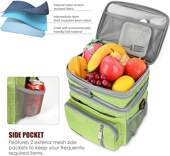 MIYCOO Lunch Bag & Lunch Box for Women Men, Double Deck Leakproof Insulated Soft Large Adult Camping Cooler bag for Work, Beach, Picnic, Travel (Green, 15L)