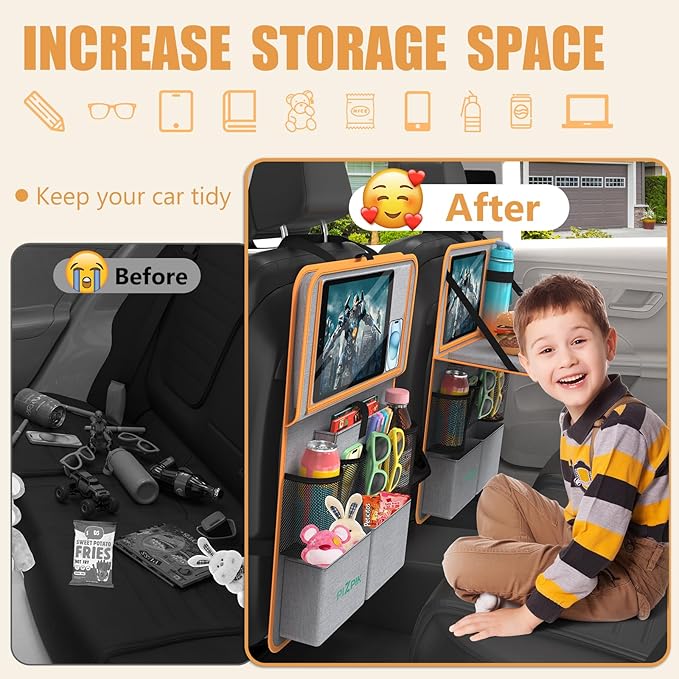 Plzpik Car Backseat Organizer with Tablet Holder,11 Storage Pockets with Foldable Food Tray, Protector Kick Mats for Kids, Travel Accessories Organizer (Orange, 2Pack with Food Tray)
