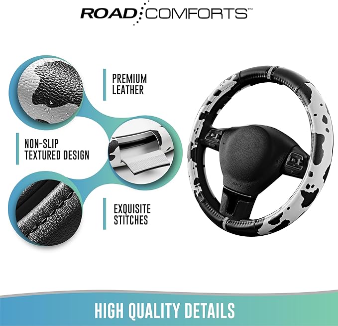 Road Comforts Cow Pattern Steering Wheel Cover - Made with PVC Leather - Anti-Slip, Universal Fit 14 1/2 inches to 15 inches