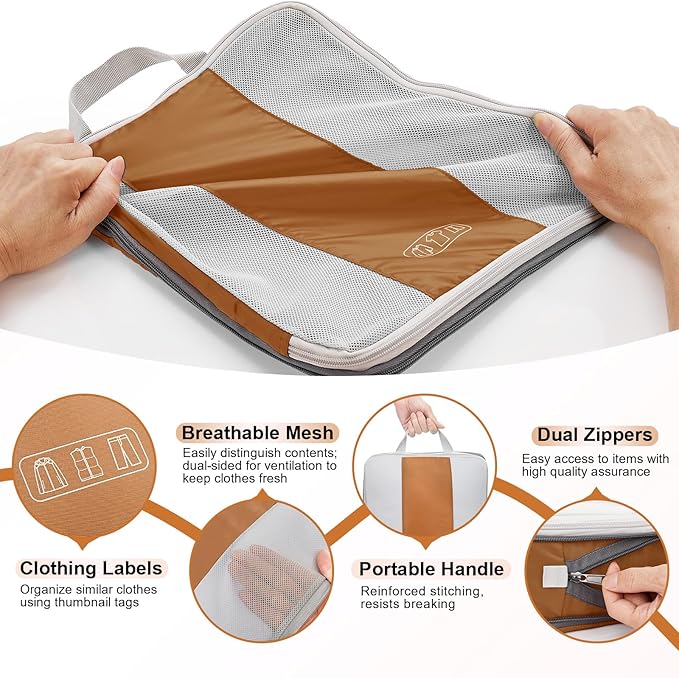 10 Set Compression Packing Cubes for Travel Essentials,Compressible Expandable Packing Cubes for Suitcase,OlarHike Luggage Organizer Bags for Travel,Handy Helper for Organizing Clothes(Brown)