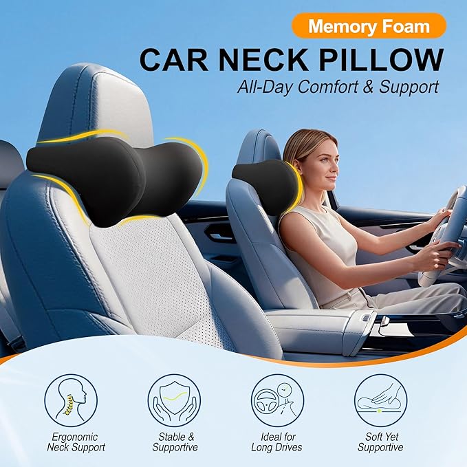 2-Pack Car Neck Pillow: Ergonomic Memory Foam Car Headrest Pillow, Neck Support Pillow for Long Drives, Headrest Support Cushion for Pain Relief, Universal Fit for Cars, SUVs & Trucks – Black
