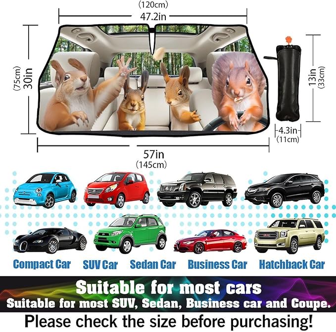 Socira Funny Squirrels Car Windshield Sunshade Umbrella Foldable Visor Umbrella Sun Shade Cover Funny Animal Sunshade Front Window Cover Squirrels Car Accessories Blocks Uv Rays 57" X 30"