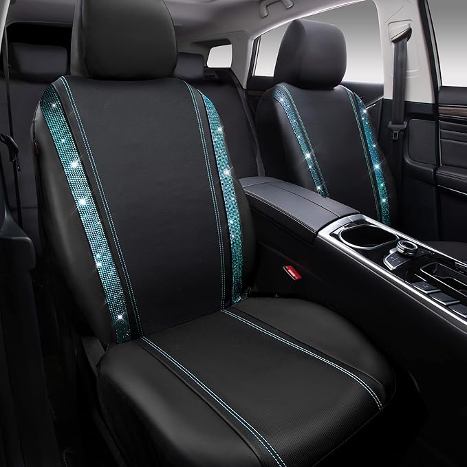 CAR PASS Leather Bling Diamond Car Seat Covers 2 Front Interior Sets, Waterproof Universal Shining Glitter Crystal Sparkle Fit for 95% Automotive Truck SUV Cute Women Girl, Black Mint Rhinestone