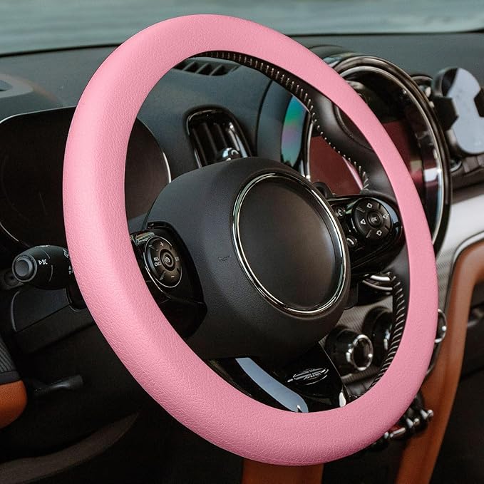 Spurtar Pink Steering Wheel Cover Women Girls, Soft Pink Car Accessories Thin Silicone Texture Cute Steering Wheel Covers, Fit Diamenter 15" - 16.5"