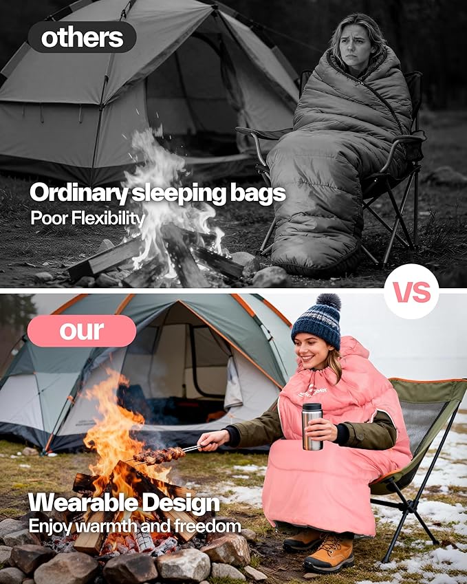Sportneer Wearable Sleeping Bag for Adults & Kids – Walkable with Arm Zippers, Warm Weather & Cold Waterproof, Compact for Camping, Stadiums, Travel, Backpacking & Car Use