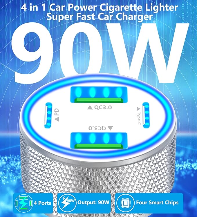 USB C Car Charger, KYOHAYA 2Pack 90W 4-Port Dual USB-C & USB-A Car Power Cigarette Lighter PD/QC3.0 Type C Car Carplay Charger Fast Charging for iPhone 17 17 Pro 16 15 14 13 12 11/Galaxy S26 S25/Pixel