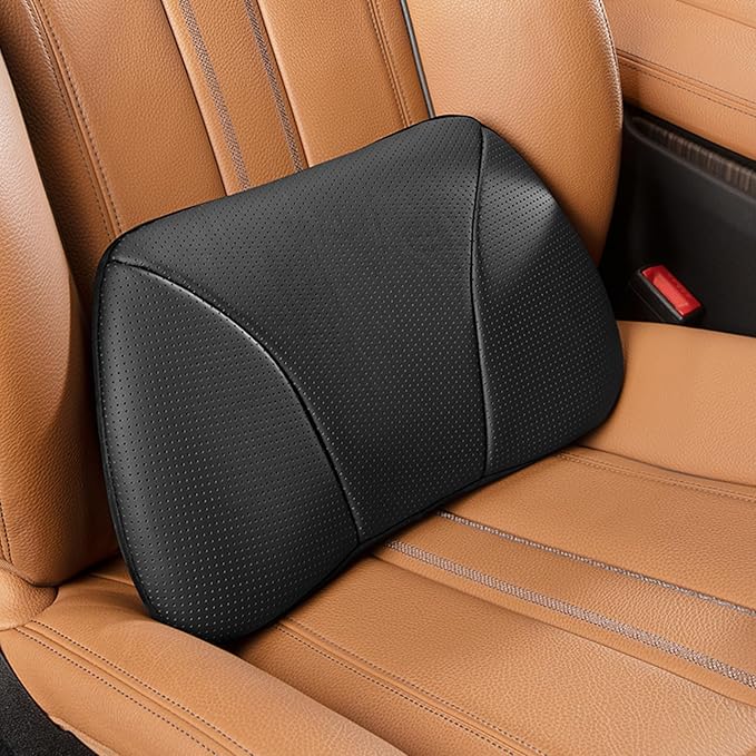 Genuine Leather Lumbar Support Pillow,Back Pain Relief Cushion,fits Tightly Around Waist,Real Cowhide,Memory Foam,fit Car Drive,Office Chair,Rest seat,Improve Posture,Portable,15.5''Lx 8.7''H