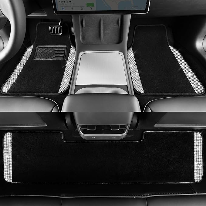 CAR PASS Bling Diamond Car Mats Shining Carpet Crystal Rhinestones Sparkly Glitter Floor Mats with Anti-Slip PVC Heel Pad Universal for Automotive SUV, Sedan, Van, 3pcs for Girl Women, Black Silver