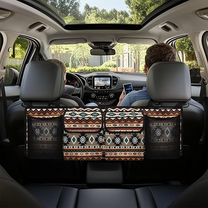 Aztec Car Trunk Organizer, Backseat Hanging Large Storage with Adjustable Straps & 4 Pockets, Waterproof Collapsible Cargo Bag Universal Car Interior Accessories