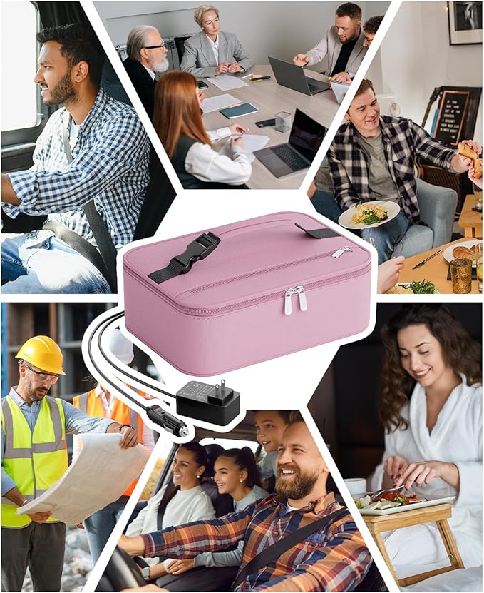 Portable Food Warmer - Heated Lunch Box for Adluts - Electric Thermal Lunch Bag with Buckle Handle, Heating Food Warmer Bags for 12V/24V Car & Truck, 110V/220V Home/Office, Pink
