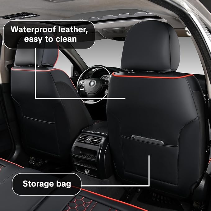 Universal Car Seat Covers, Black with Red Trim, Premium Nappa Leather, with Lumbar Support, Waterproof, Full Set, Non-Slip, Contoured Fit, Airbag Compatible, Fits Suvs, Sedans, Pickup Trucks