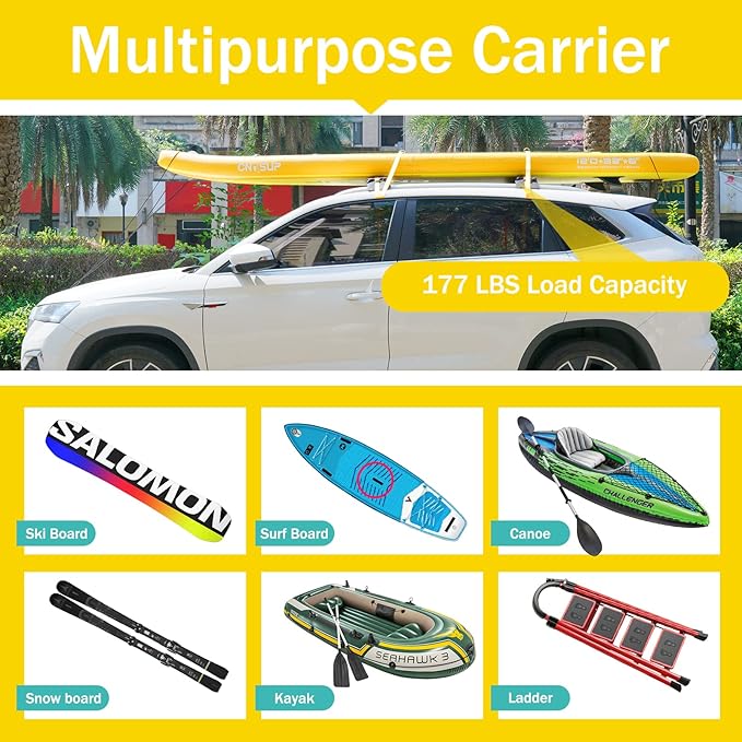 Kayak Roof Racks,Soft Roof Rack Pads,Universal Car Roof Rack for Surfboard/Ski/Kayak Paddle Board/Luggage Carrier System Include 2 Tie Down Straps,2 Tie Down Rope,2 Quick Loop Strap,and Storage Bag