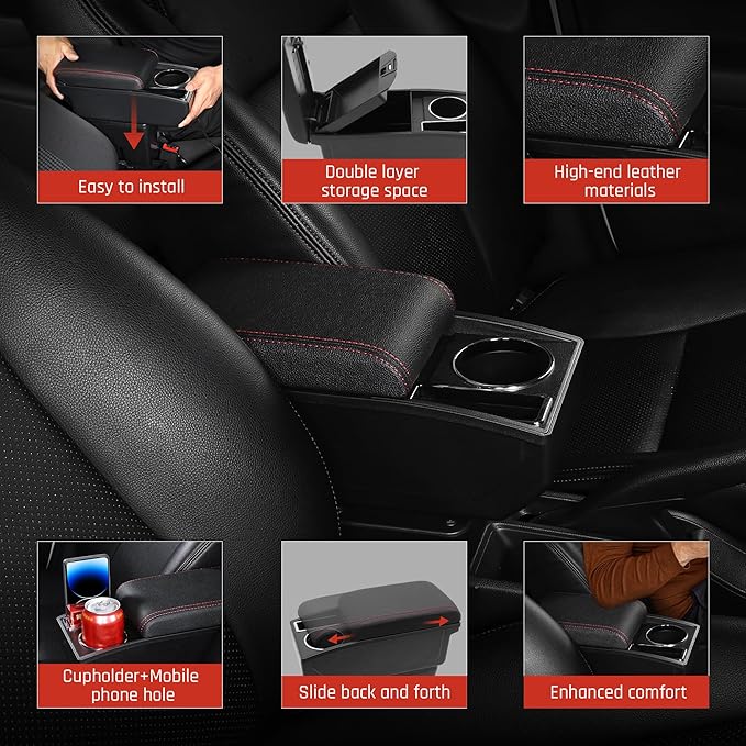 Car Armrest Box for Nissan Almera Versa 2012-2019 Auto Accessories Center Console Leather Arm Rest Double-Layer Storage Space with Cup Holder (Red Thread)