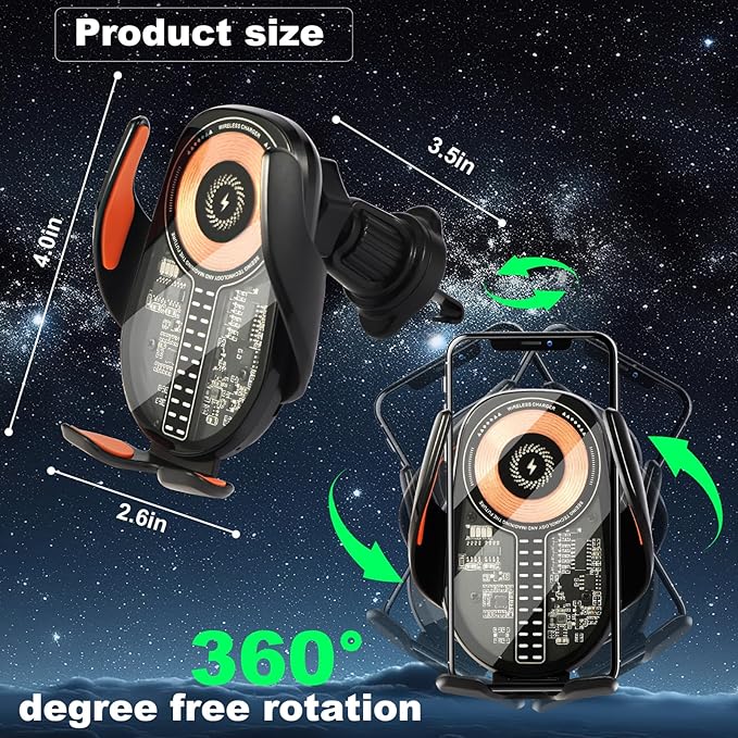 15W Car Phone Holder Wireless Charger - Auto Sensing Clamping 3-Axis Adjustable 360° Rotation Fast Charging Phone Holders for Your Car Vent Clip Slim Design with Unisex for iPhone Android Samsung