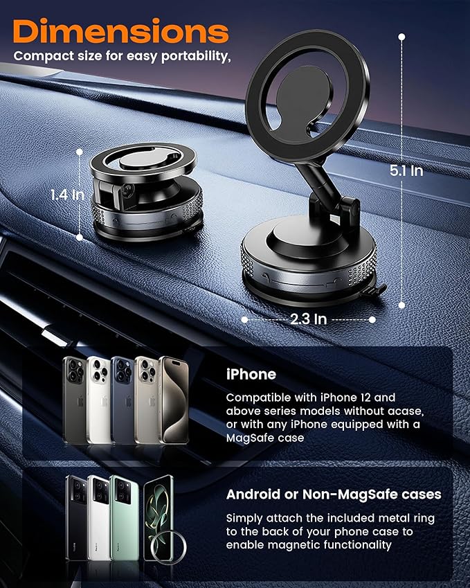 Vacuum Magnetic Phone Holder, Upgraded Suction Phone Mount, 360° Adjustable Car Phone Holder for MagSafe, Phone Holders for Your Car/Gym/Mirror, Compatible with iPhone & Android Smartphones