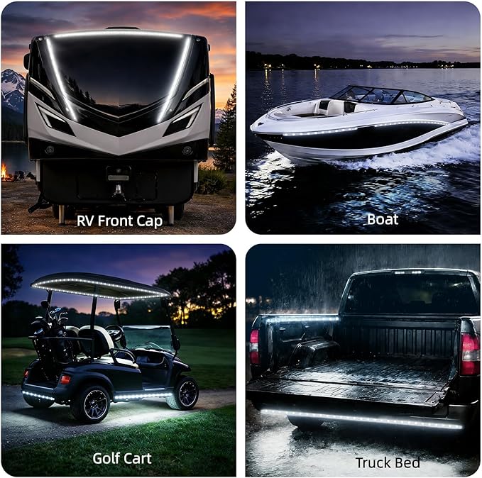 12V Marine Boat LED Light Strip Super Bright, 2 Pack 2FT IP68 Fully Waterproof RV Front Cap Lights, Golf Cart Underglow Roof Lights Strip for Truck ATV UTV SUV Car Pickup Trailer, Cuttable, White